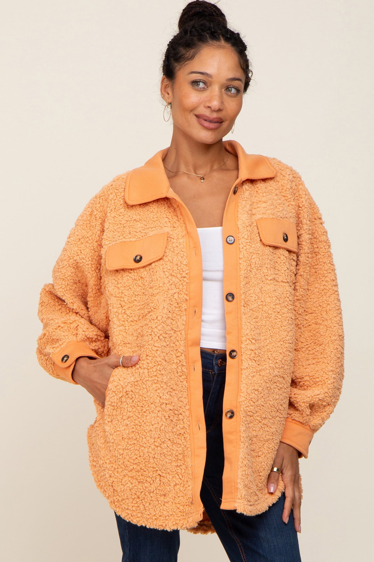 Peach Contrast Oversized Sherpa Maternity Coat PinkBlush