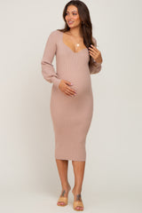 Taupe Ribbed Knit Long Sleeve Fitted Maternity Dress