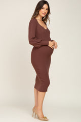 Brown Ribbed Knit Long Sleeve Fitted Maternity Dress