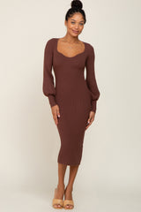 Brown Ribbed Knit Long Sleeve Fitted Maternity Dress