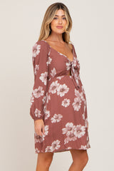 Rust Floral Smocked Tie Back Maternity Dress