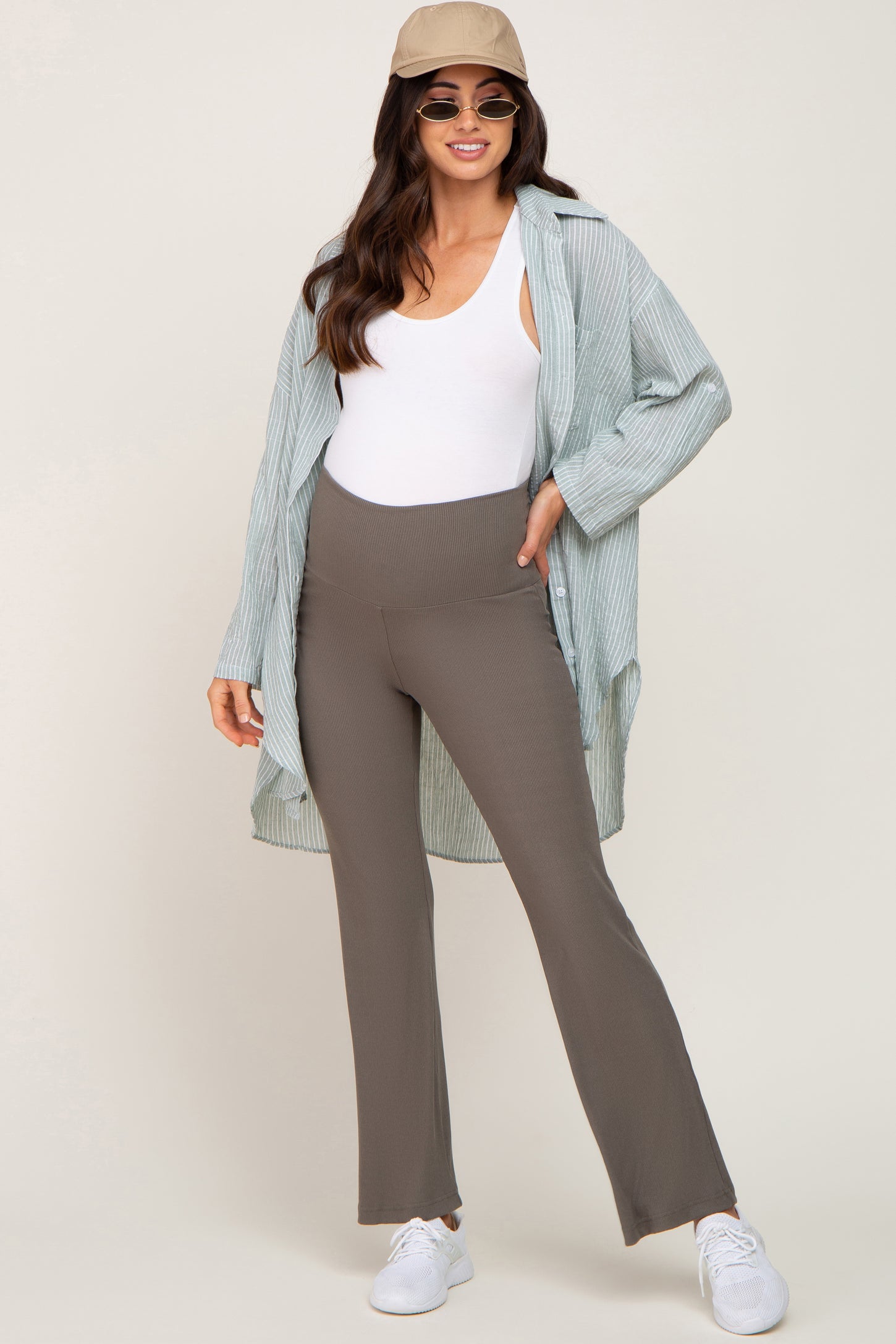 Olive Ribbed Maternity Flare Pants PinkBlush