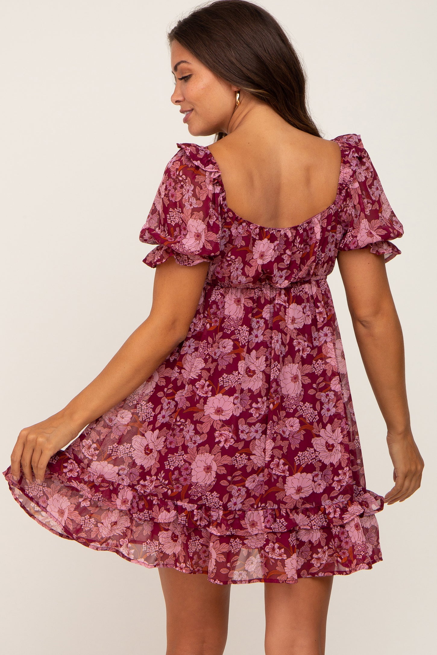 Burgundy Floral Chiffon Ruffle Accent Maternity Mini Dress