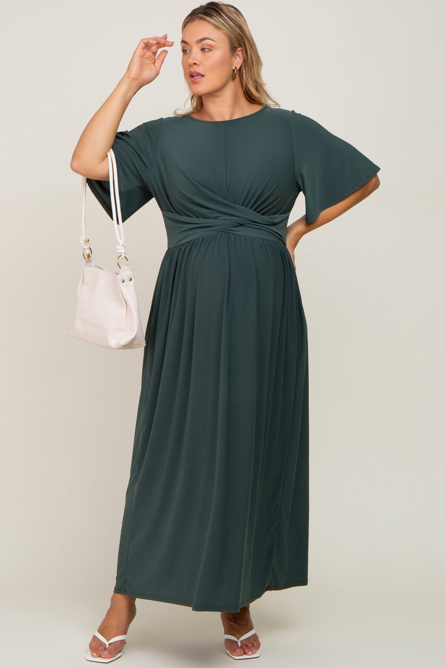 Olive Gathered Front Maternity Plus Maxi Dress
