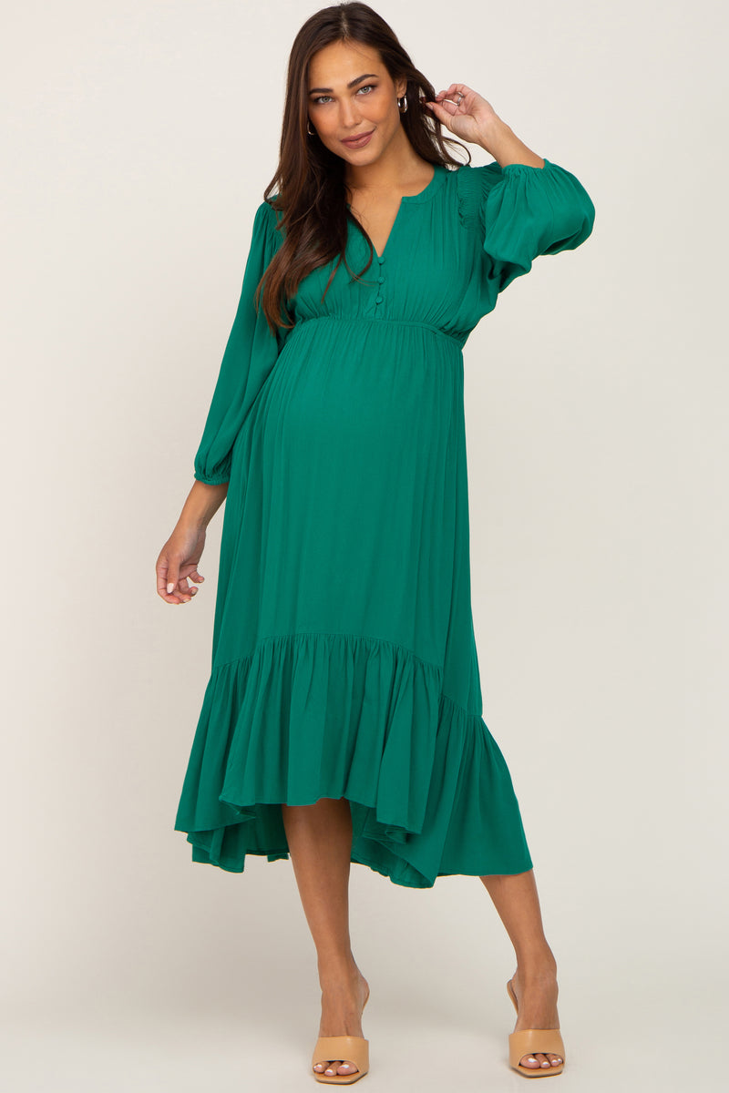 Green Button Accent Hi-Lo Maternity Midi Dress– PinkBlush