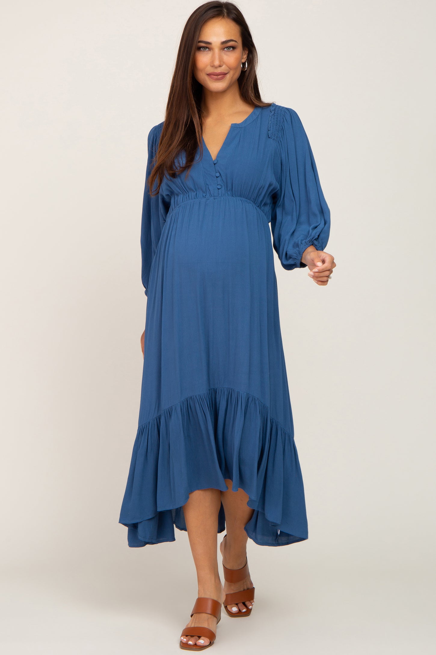 Blue Button Accent Hi-Lo Maternity Midi Dress– PinkBlush