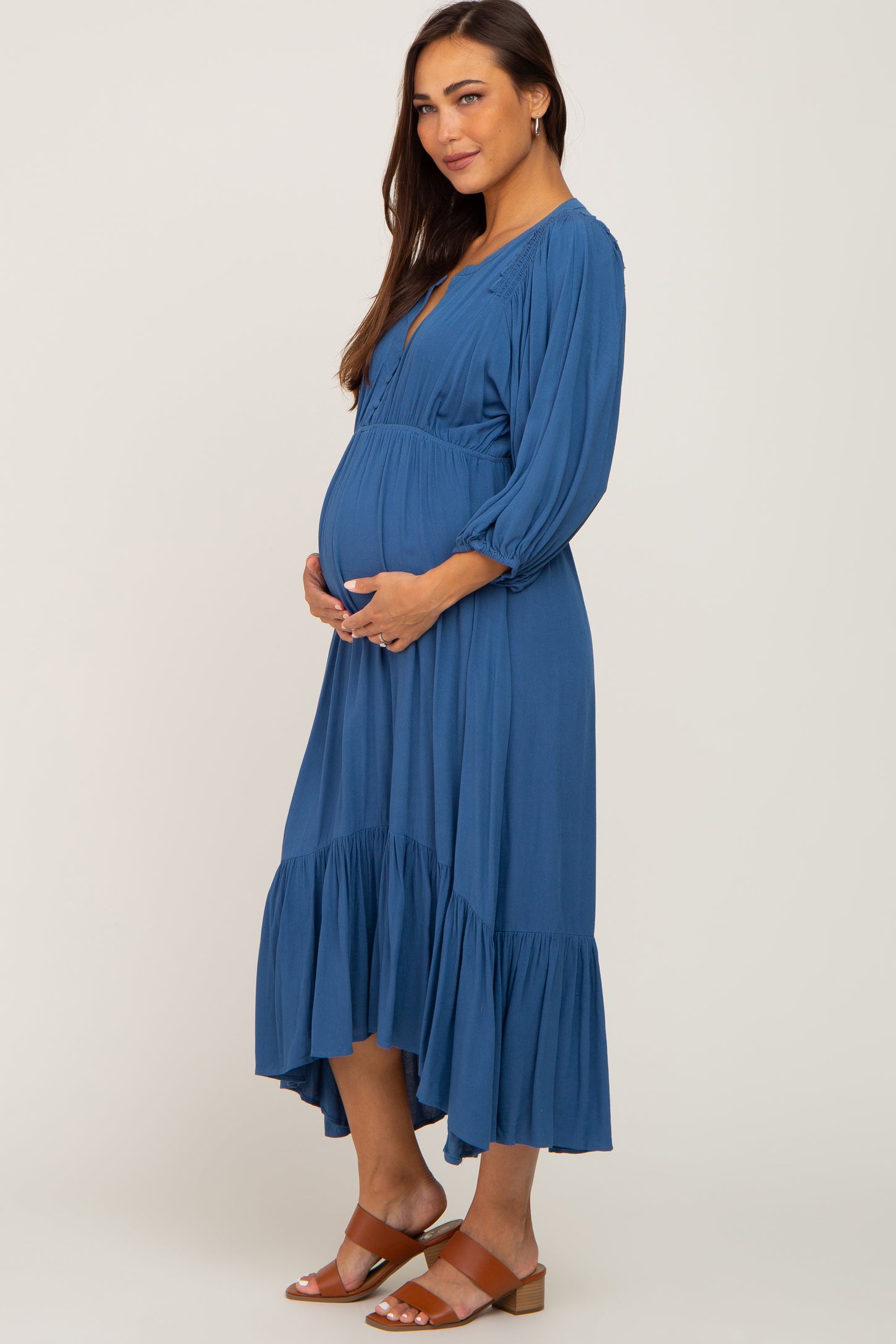 Blue Button Accent Hi-Lo Maternity Midi Dress– PinkBlush