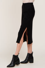 Black Soft Knit Ribbed Side Slit Midi Skirt