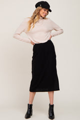 Black Soft Knit Ribbed Side Slit Midi Skirt