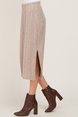 Taupe Soft Knit Ribbed Side Slit Midi Skirt