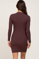Brown Ribbed Collared Long Sleeve Maternity Dress