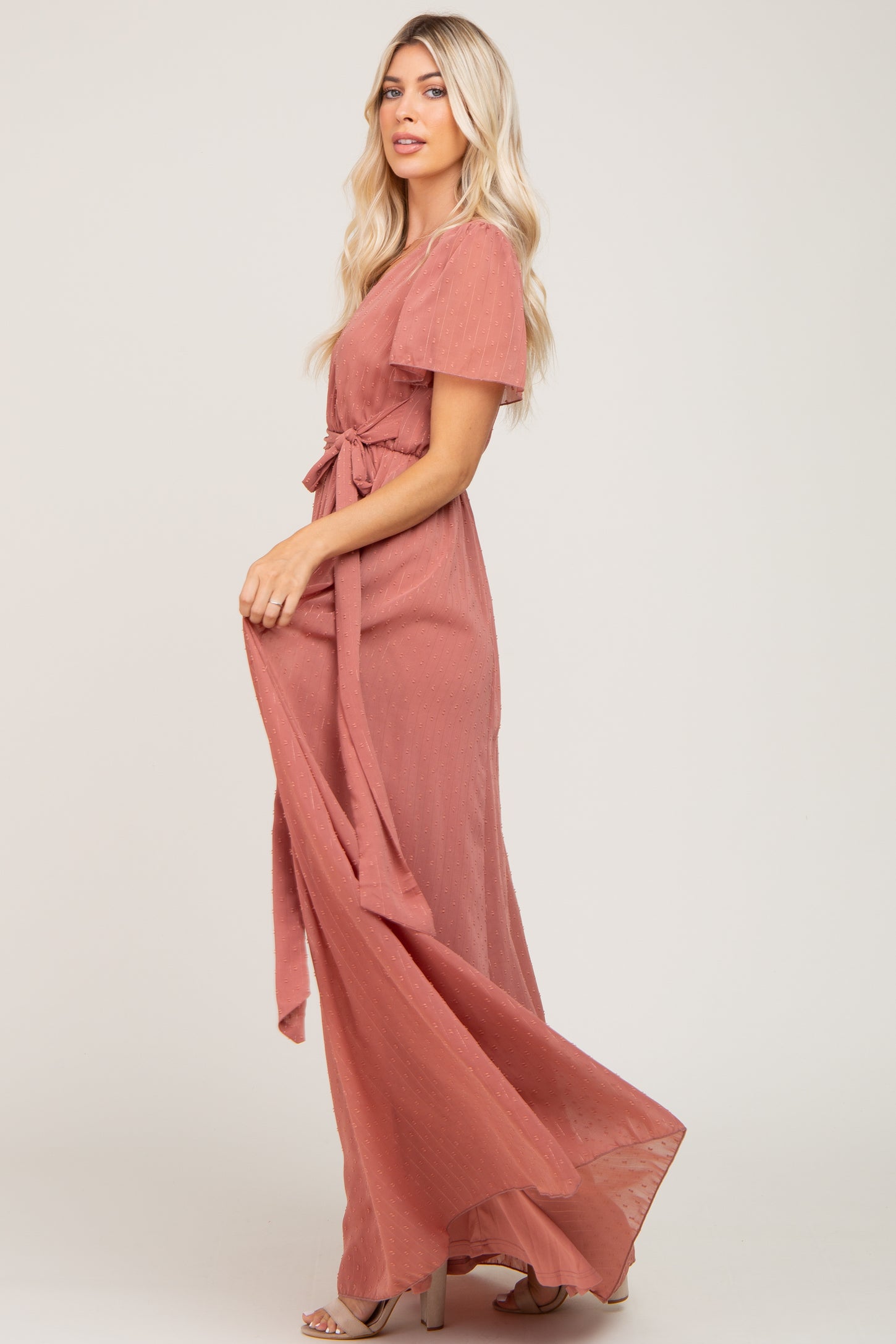 mauve chiffon maxi dress Mauve Solid V-Neck Chiffon Tiered Modest Maxi Dress L / Mauve