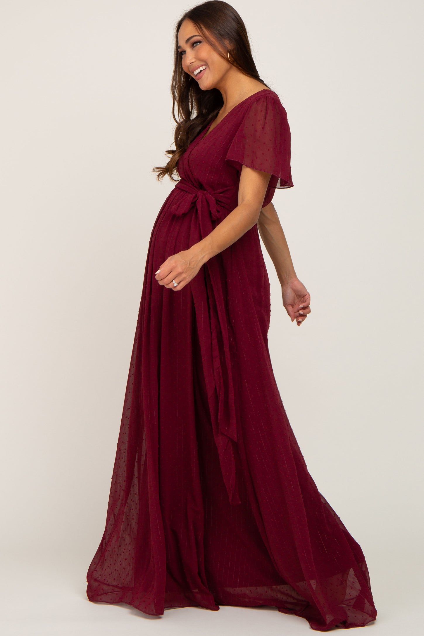 Burgundy Swiss Dot Chiffon Maternity Maxi Dress PinkBlush Burgundy Swiss Dot Chiffon Maternity Maxi Dress PinkBlush