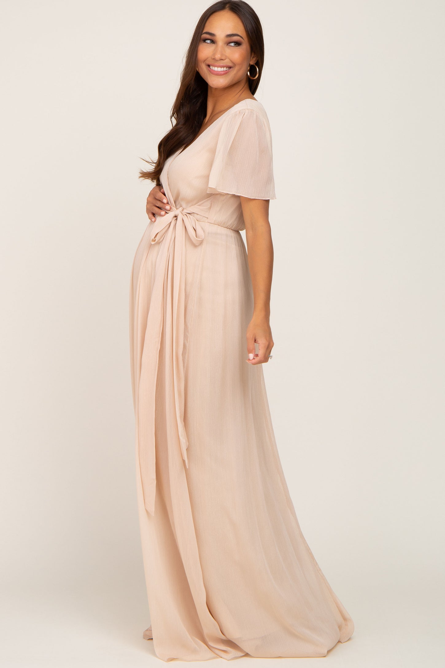 Cream Metallic Shimmer Chiffon Maternity Maxi Dress– PinkBlush