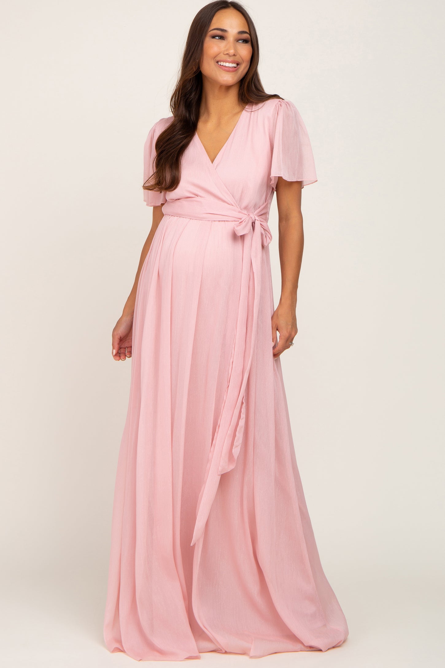 Light Pink Metallic Shimmer Chiffon Maternity Maxi Dress PinkBlush Light Pink Metallic Shimmer Chiffon Maternity Maxi Dress PinkBlush