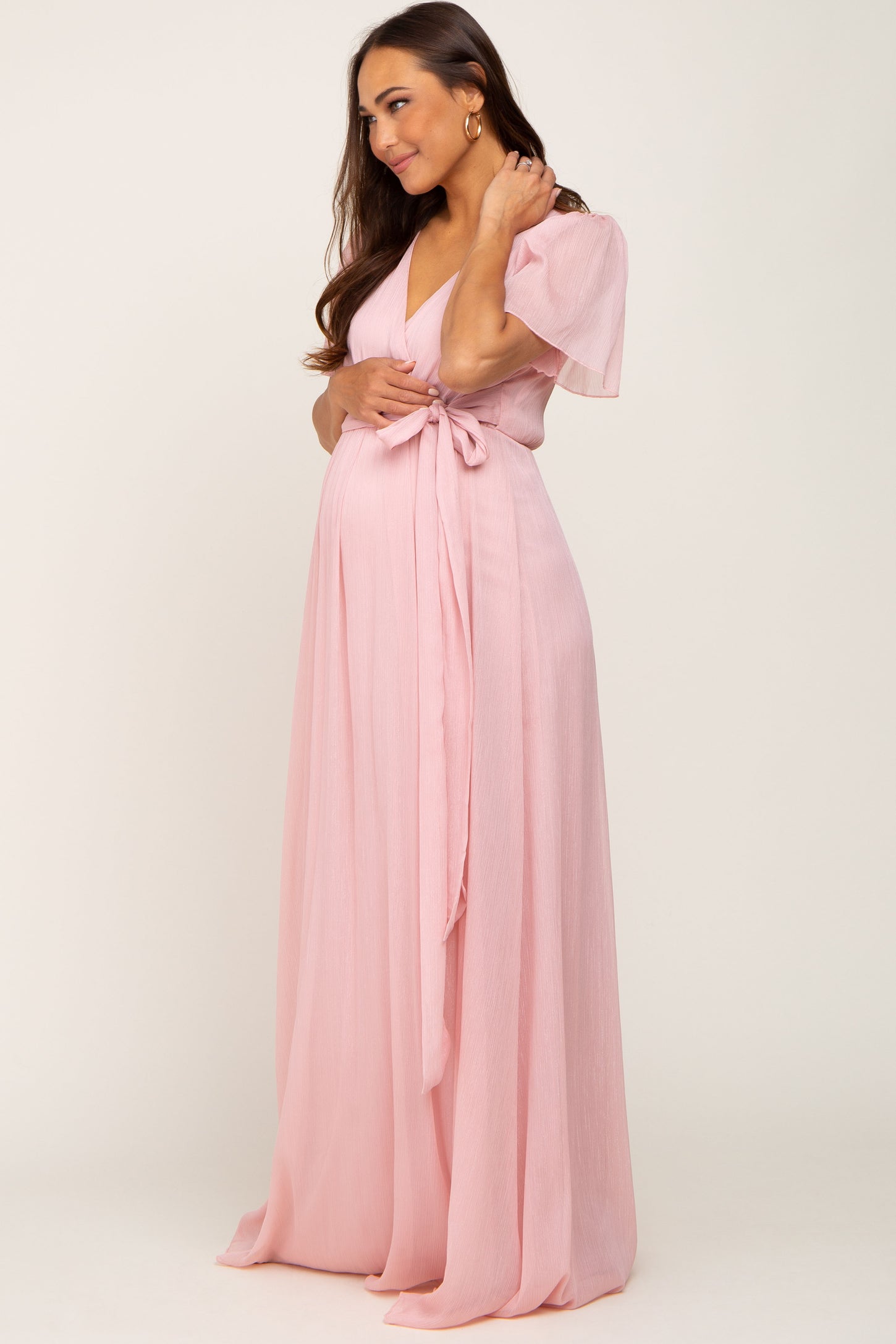 Light Pink Metallic Shimmer Chiffon Maternity Maxi Dress
