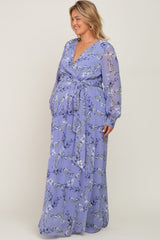 Periwinkle Floral Chiffon Long Sleeve Pleated Maternity Plus Maxi Dress
