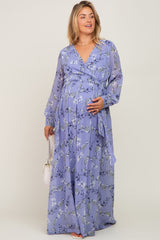 Periwinkle Floral Chiffon Long Sleeve Pleated Maternity Plus Maxi Dress