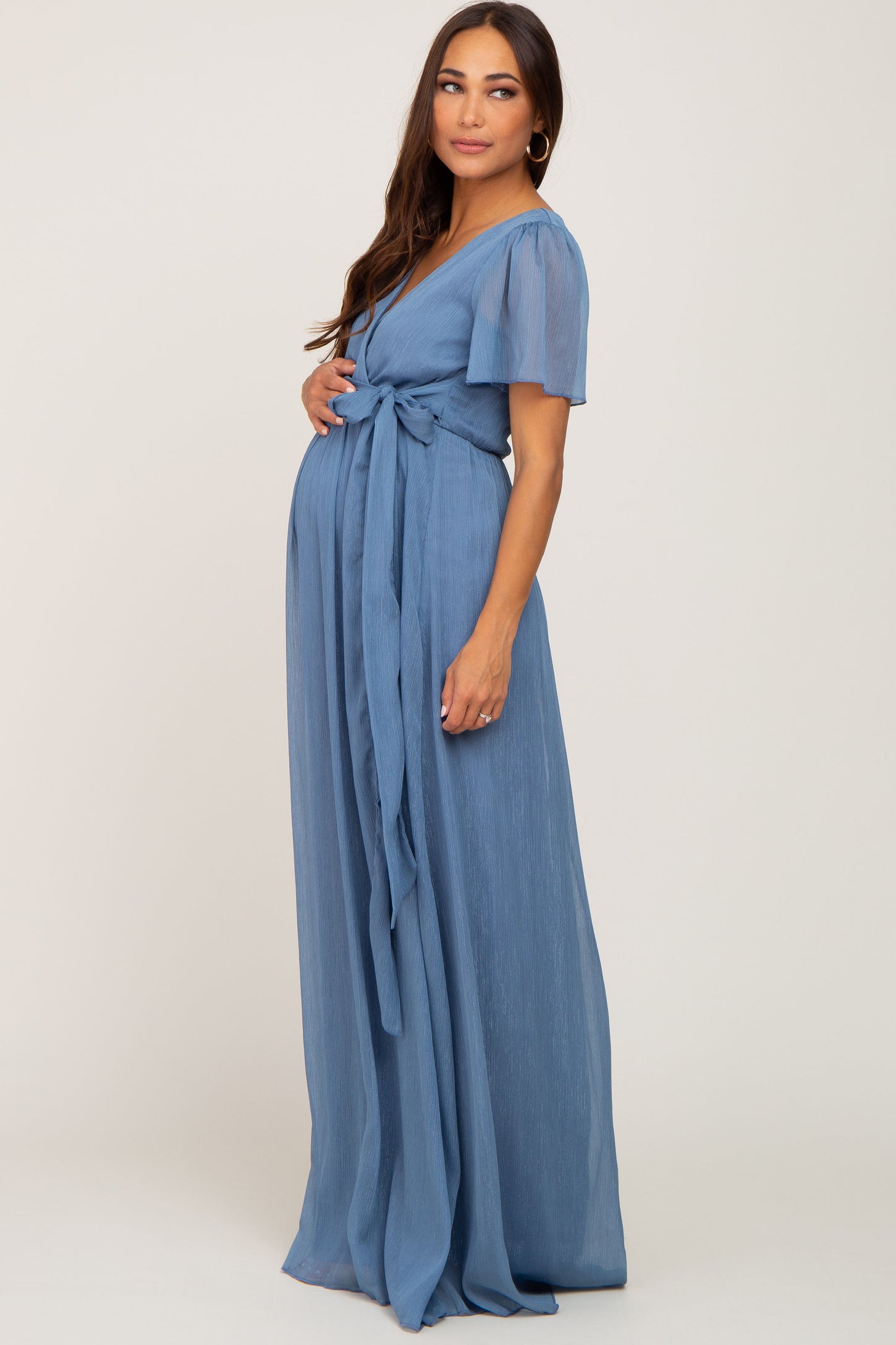 Blue Metallic Shimmer Chiffon Maternity Maxi Dress Blue Metallic Shimmer Chiffon Maternity Maxi Dress