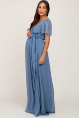 Blue Metallic Shimmer Chiffon Maternity Maxi Dress