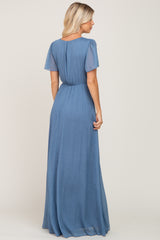 Blue Metallic Shimmer Chiffon Maxi Dress