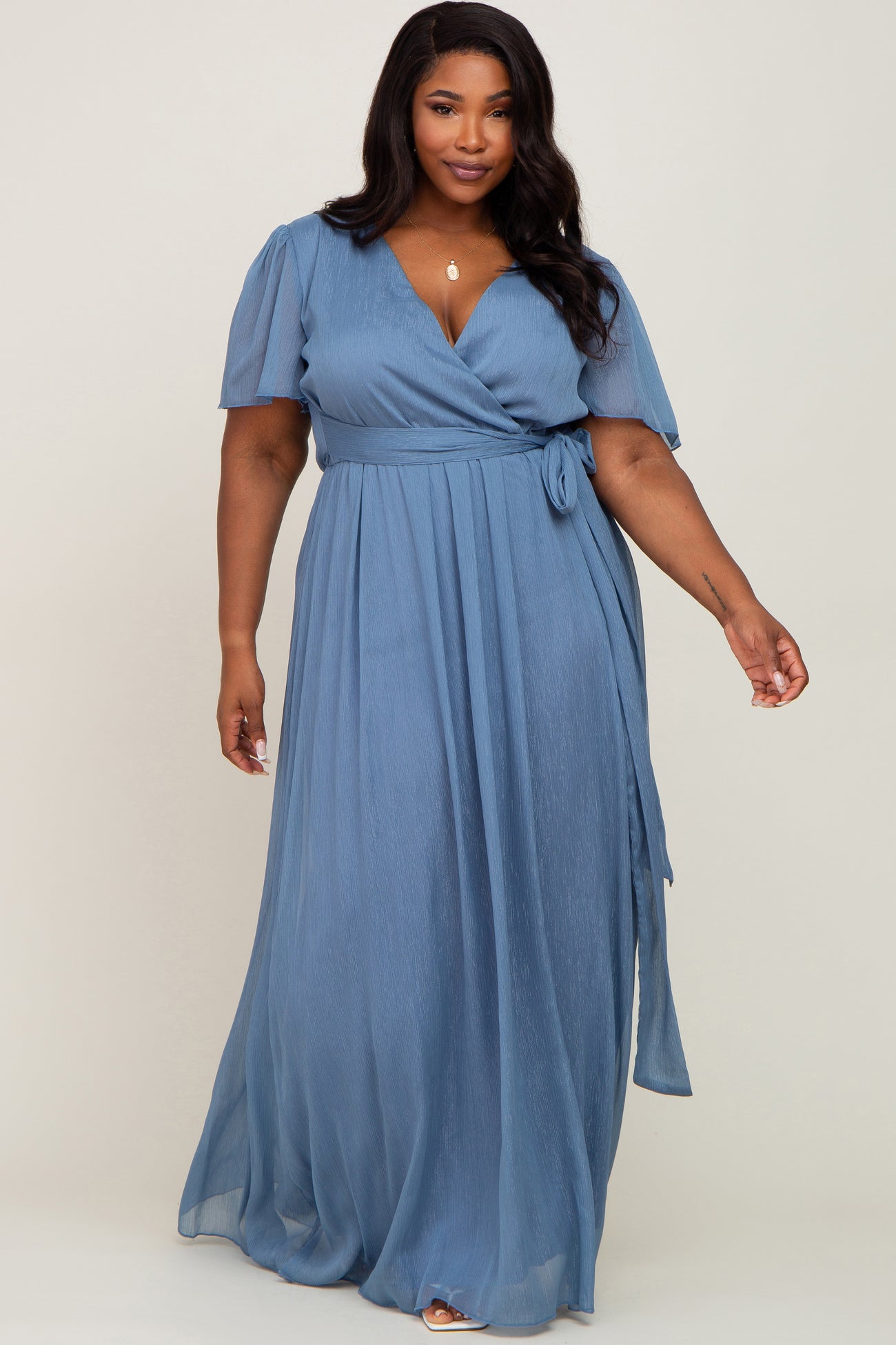 Blue Metallic Shimmer Chiffon Maternity Plus Maxi Dress – PinkBlush