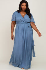 Blue Metallic Shimmer Chiffon Maternity Plus Maxi Dress