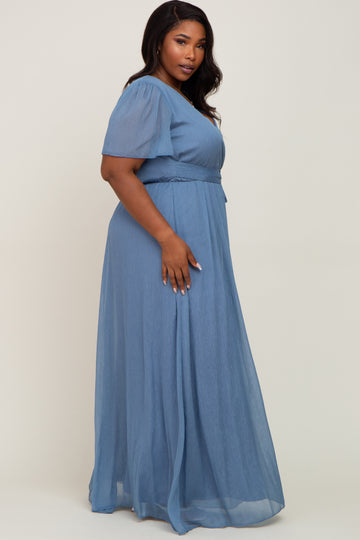 Blue Metallic Shimmer Chiffon Plus Maxi Dress