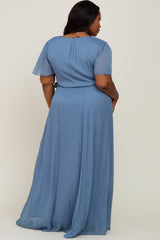 Blue Metallic Shimmer Chiffon Plus Maxi Dress