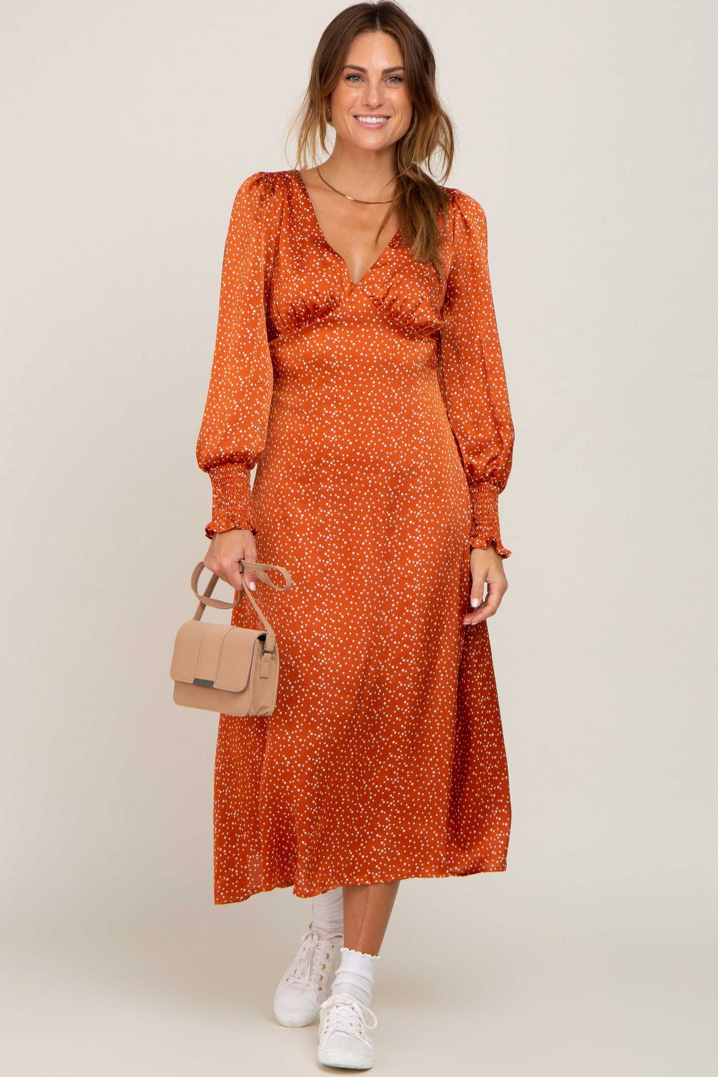 rust satin twist front open sleeve wrap dress PrettyLittleThing | Dresses | Plt The fluid satin fabric catches the light beautifully as you move Rust Polka Dot V-Neck Satin