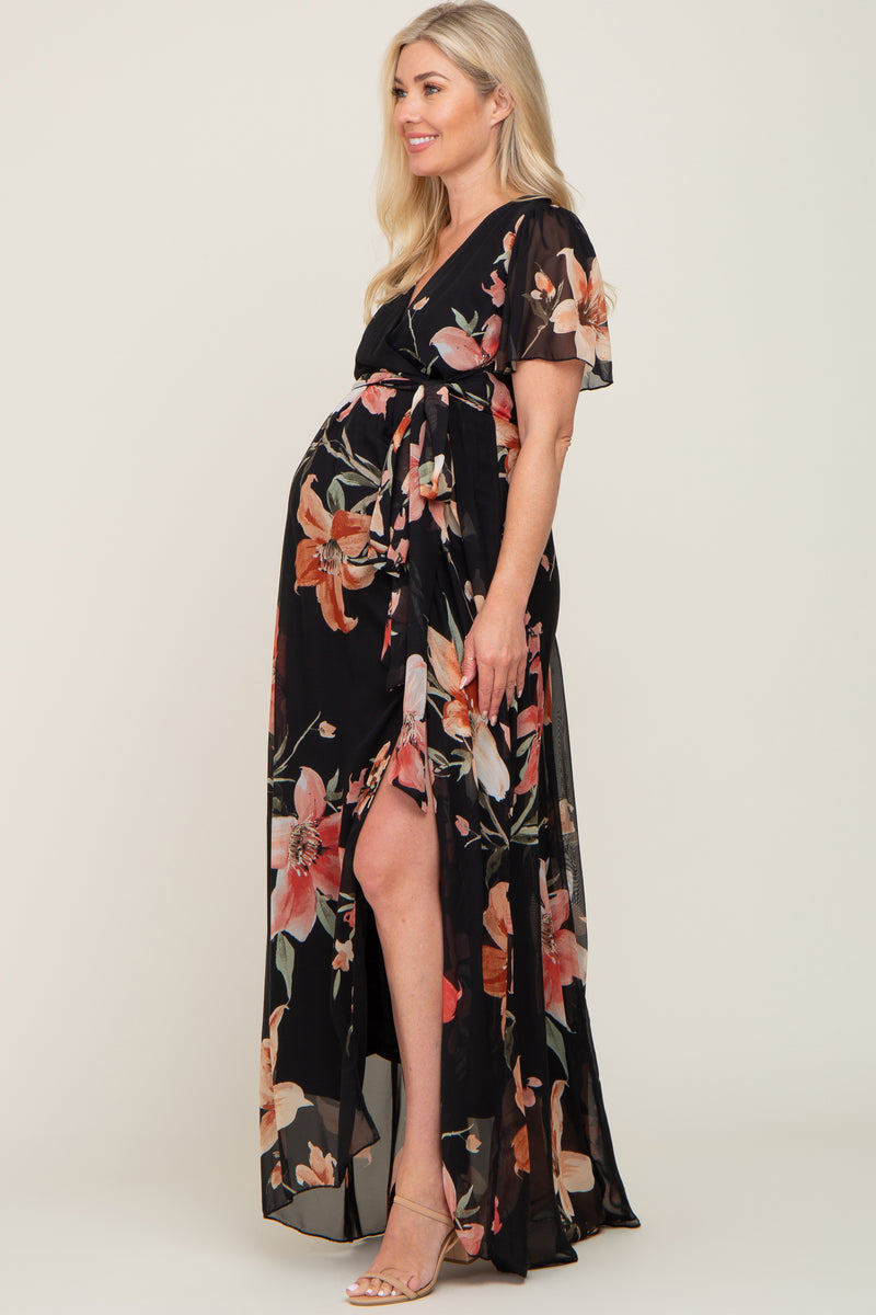 Black Floral Chiffon Wrap Front Short Sleeve Maternity Maxi Dress ...