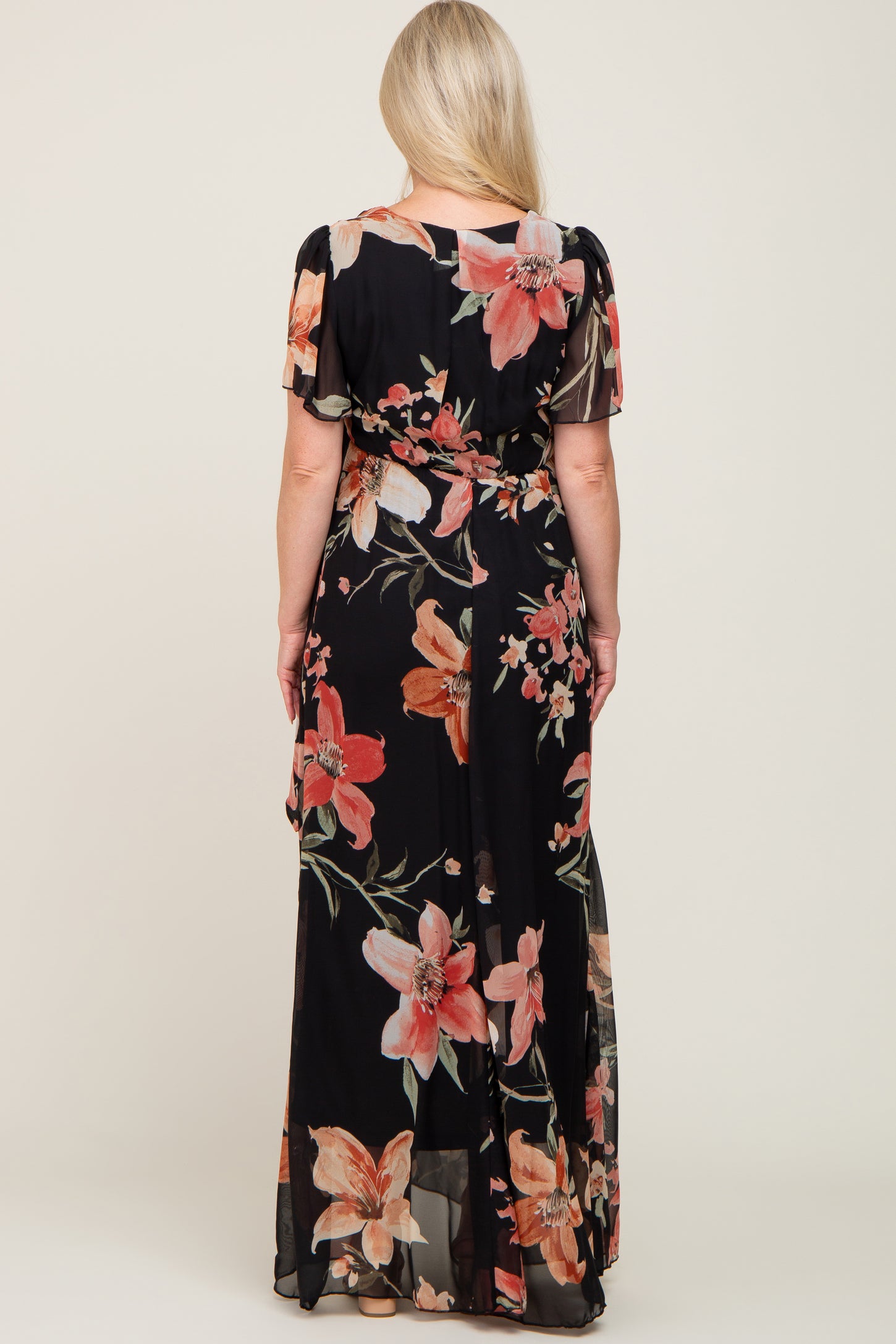 Black Floral Chiffon Wrap Front Short Sleeve Maternity Maxi Dress PinkBlush