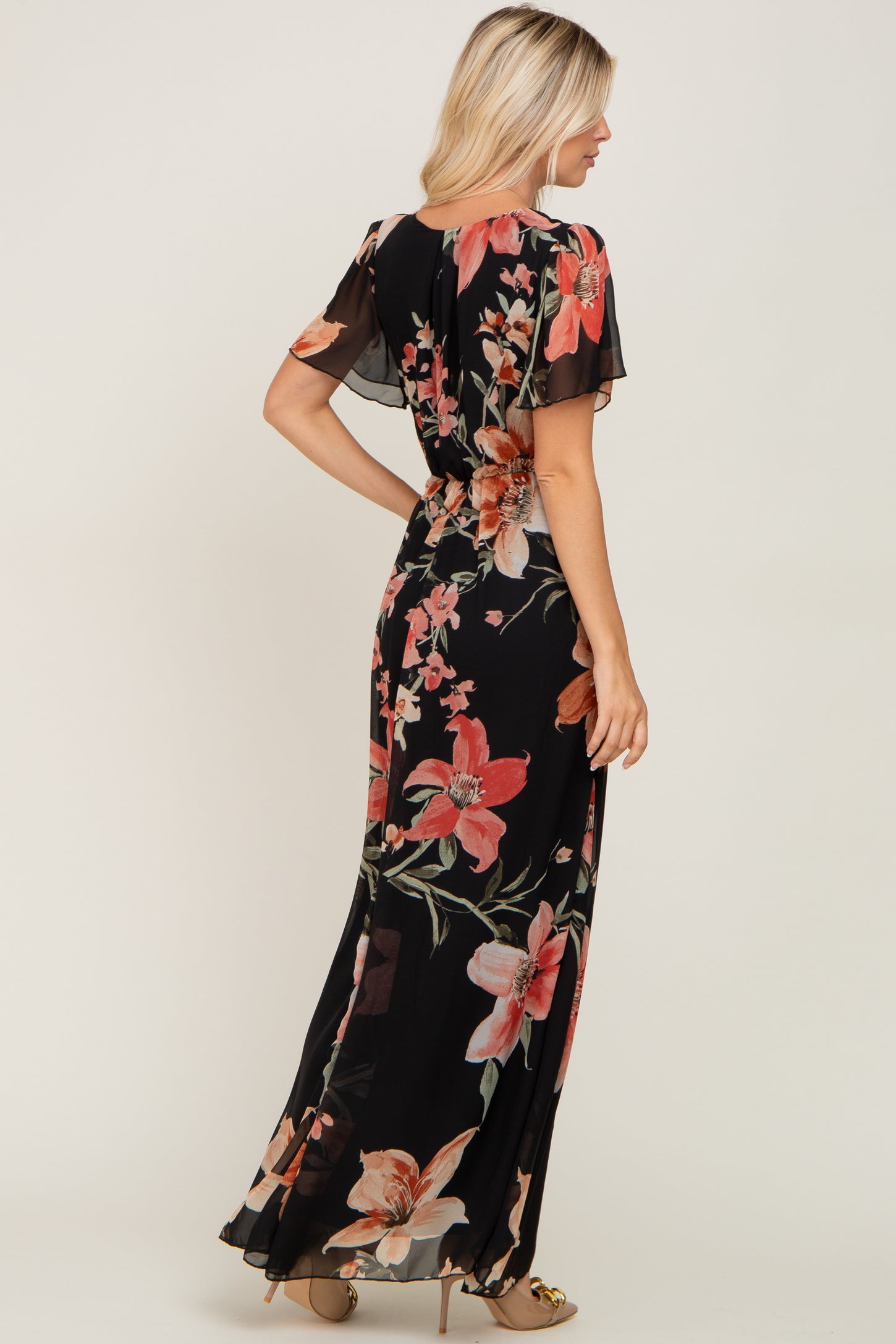 Black Floral Chiffon Wrap Front Short Sleeve Maxi Dress PinkBlush