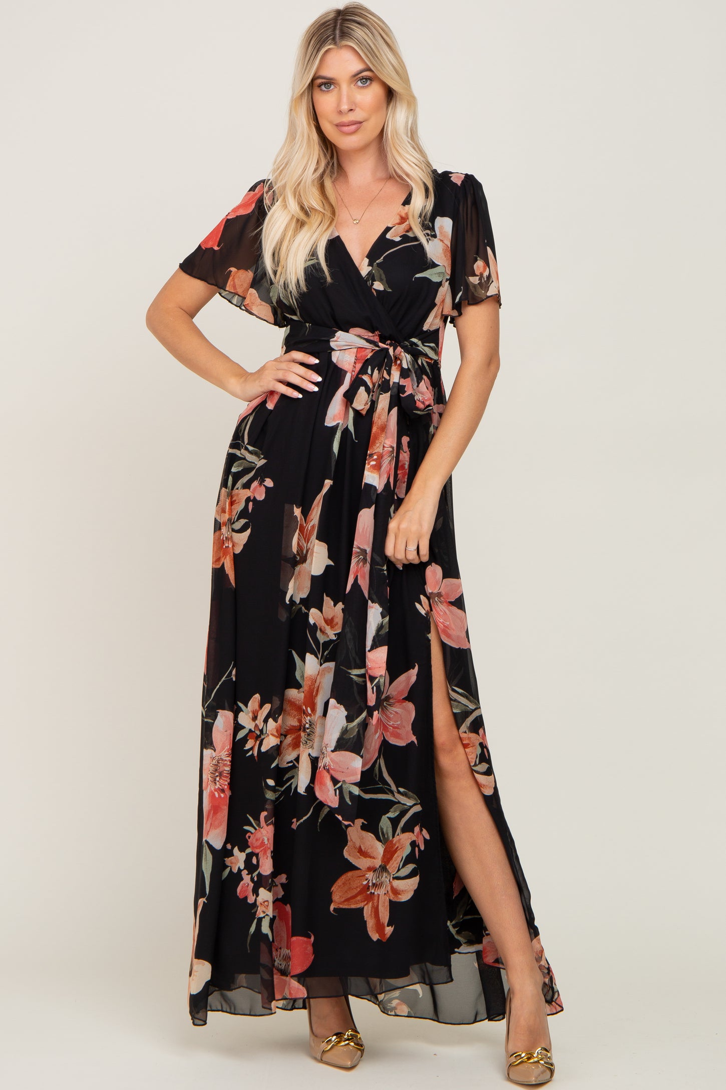 Black Floral Chiffon Wrap Front Short Sleeve Maxi Dress PinkBlush