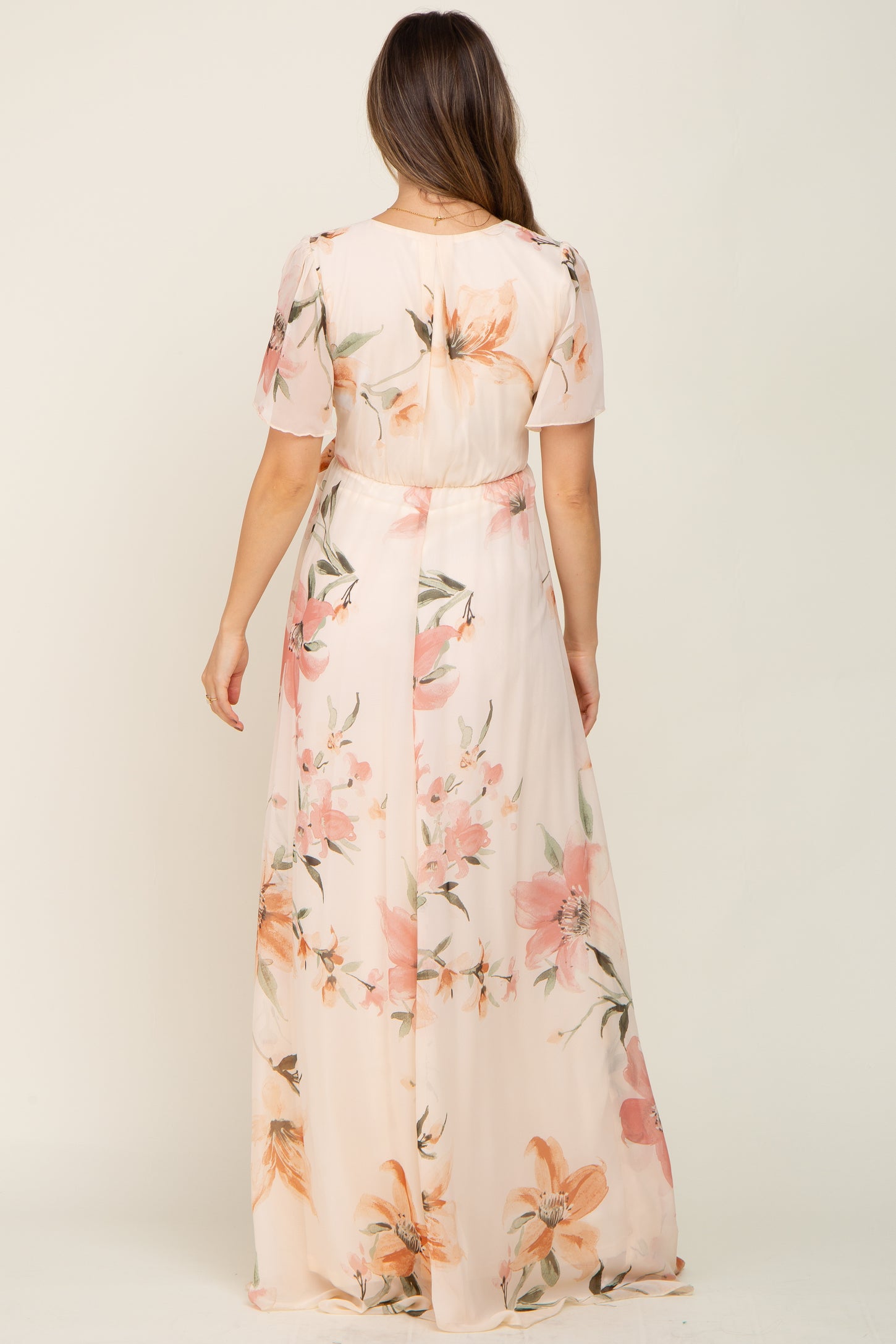 Cream Floral Chiffon Wrap Front Short Sleeve Maternity Maxi Dress PinkBlush