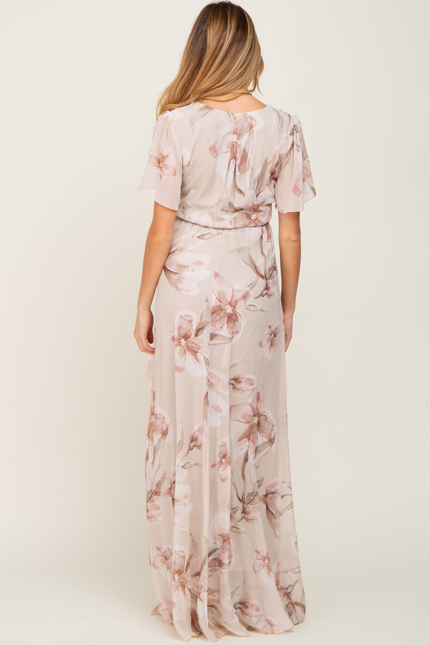 Beige Floral Chiffon Wrap Front Short Sleeve Maternity Maxi Dress