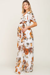 White Floral Chiffon Wrap Front Short Sleeve Maternity Maxi Dress