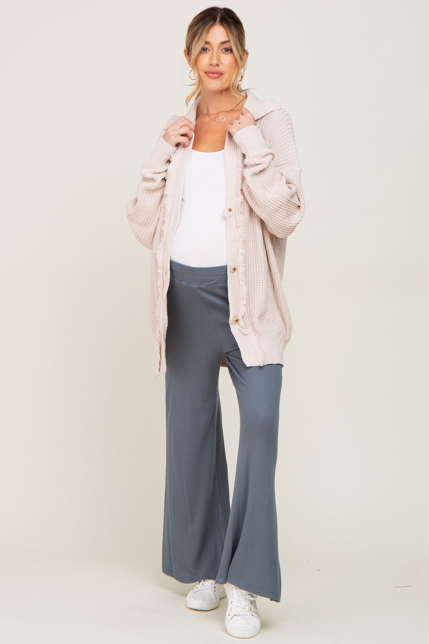 Beige Knit Frayed Button Down Maternity Cardigan