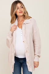 Beige Knit Frayed Button Down Maternity Cardigan
