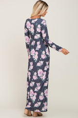 Charcoal Floral Button Front Maxi Dress
