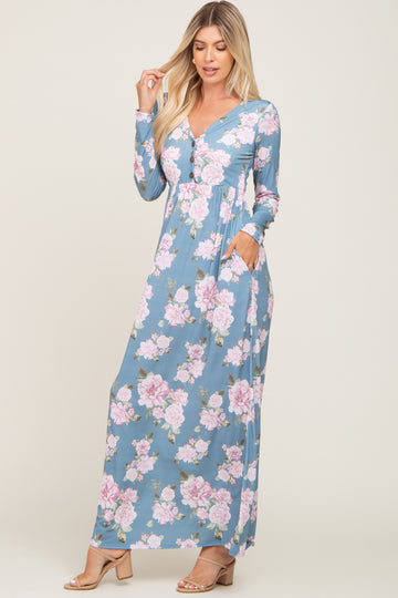 Blue Floral Button Front Maxi Dress