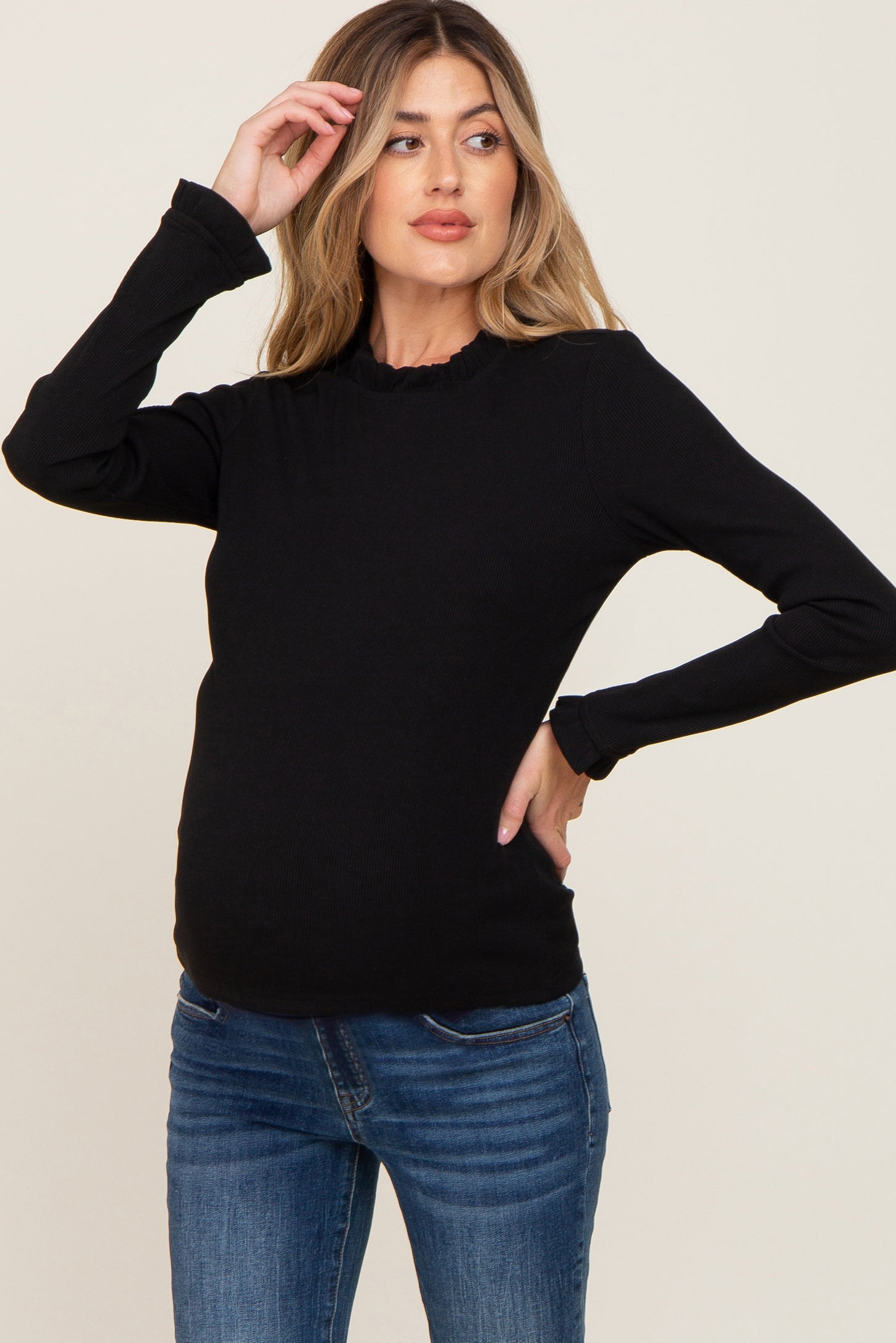 Black Ribbed Mock Neck Knit Maternity Short Sleeve Top main image 0