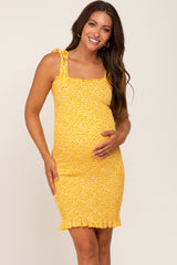 Yellow Floral Smocked Square Neck Tied Strap Maternity Dress