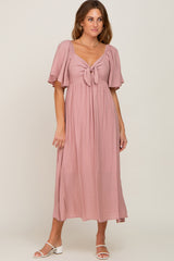 Mauve Front Tie Ruffle Sleeve Midi Dress