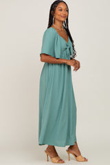 Sage Textured Dot Front Tie Ruffle Sleeve Midi Dress