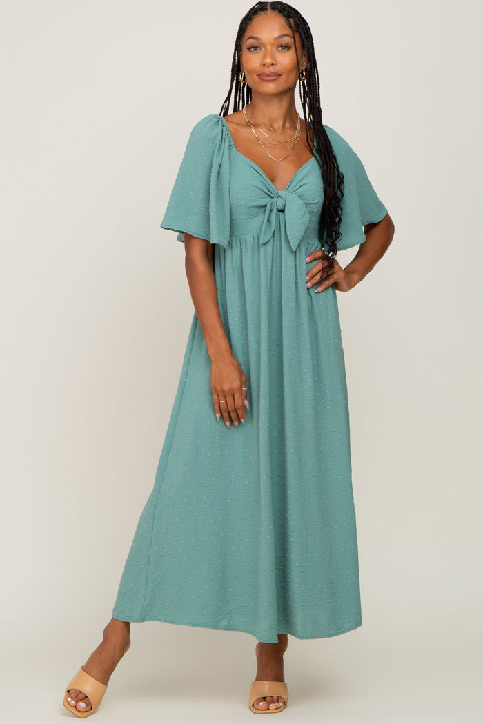 Sage Textured Dot Front Tie Ruffle Sleeve Midi Dress