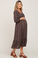 Black Floral 3/4 Sleeve Maternity Midi Dress