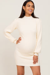 Ivory Mock Neck Puff Sleeve Maternity Sweater Dress