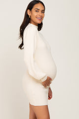 Ivory Mock Neck Puff Sleeve Maternity Sweater Dress