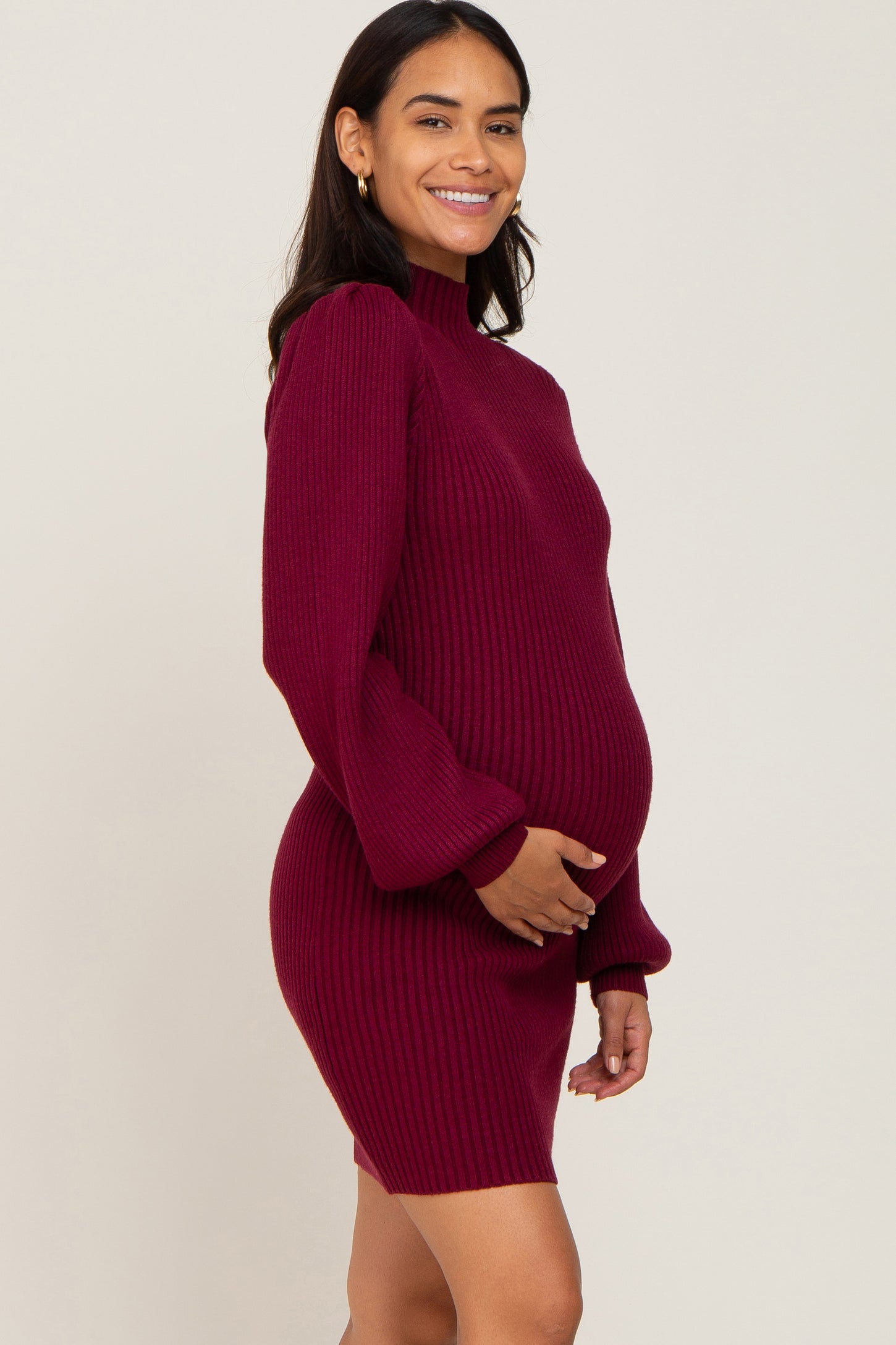 Burgundy Mock Neck Puff Sleeve Maternity Sweater Dress– PinkBlush